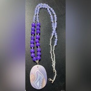 Purple Banded Agate Pendant Quartz Aventurine Beads Silver Tone Bead Necklace